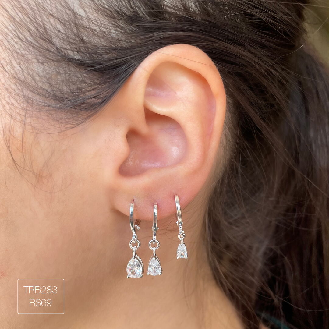 Trio Argola de Gota Pendurada Cristal Prateado